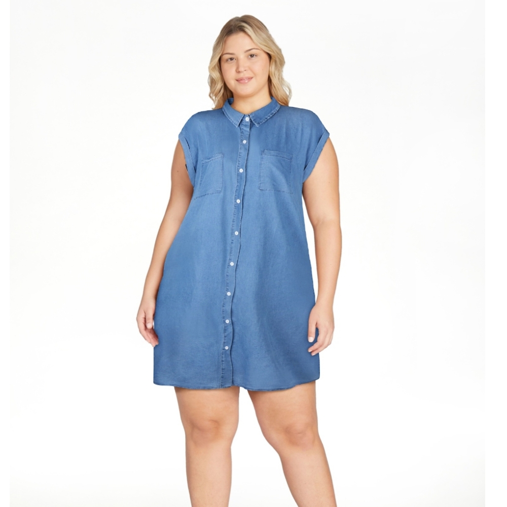 Womens Short Sleeve Loose Jean Midi  Button Down Casual Denim Shirt Dresses S